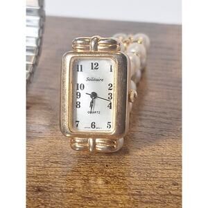 Vintage Solitaire Ladies Pearl Bracelet Quartz Watch Gold Tone